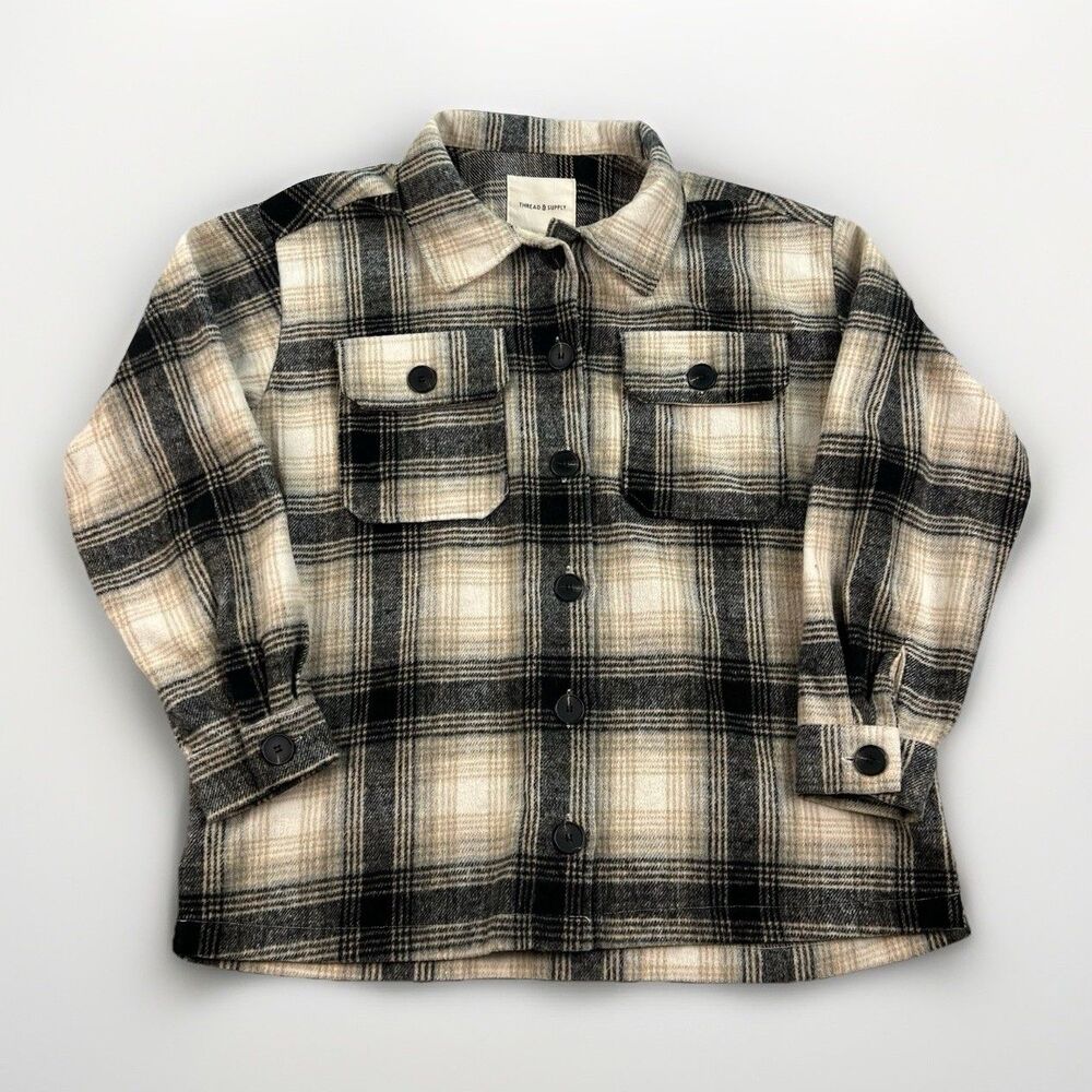 Ivory And Black Plaid Flannel Shacket Button Up Heavyweight Womens Size Small